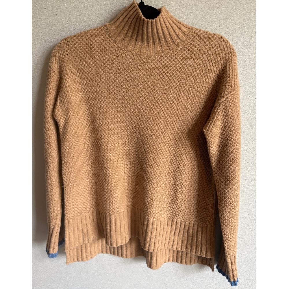 Everlane Womens Cashmere Blend Mock Neck Sweater Camel w/ Blue Tipped Cuffs XXS